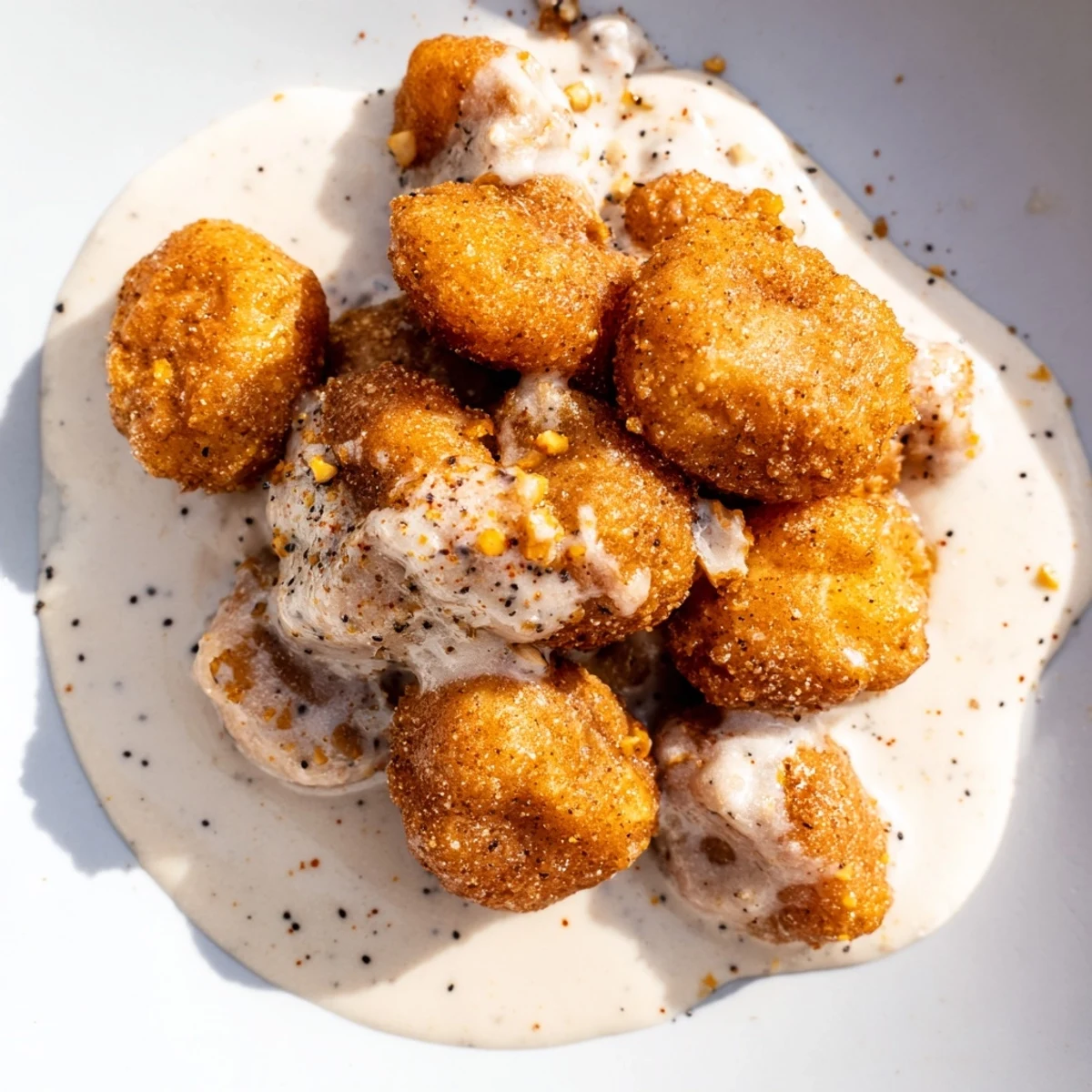 Close-up of golden fried mushrooms from the Chicken Fried Mushrooms with Gravy recipe, highlighting crunchy batter and a rich peppery gravy drizzled on top.