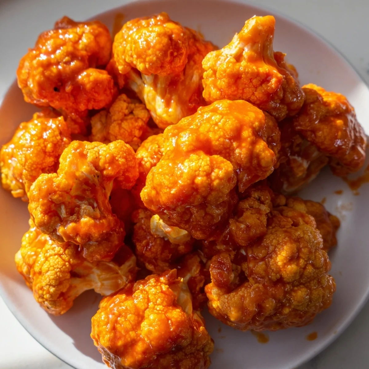 Crispy Air Fryer Buffalo Cauliflower florets glistening with tangy sauce and a side of celery sticks.