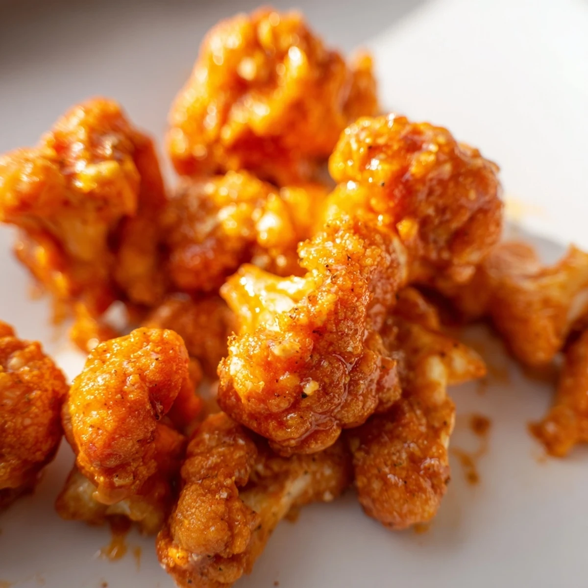 Golden Air Fryer Buffalo Cauliflower tossed in spicy sauce, ready to enjoy as a vegetarian party appetizer.