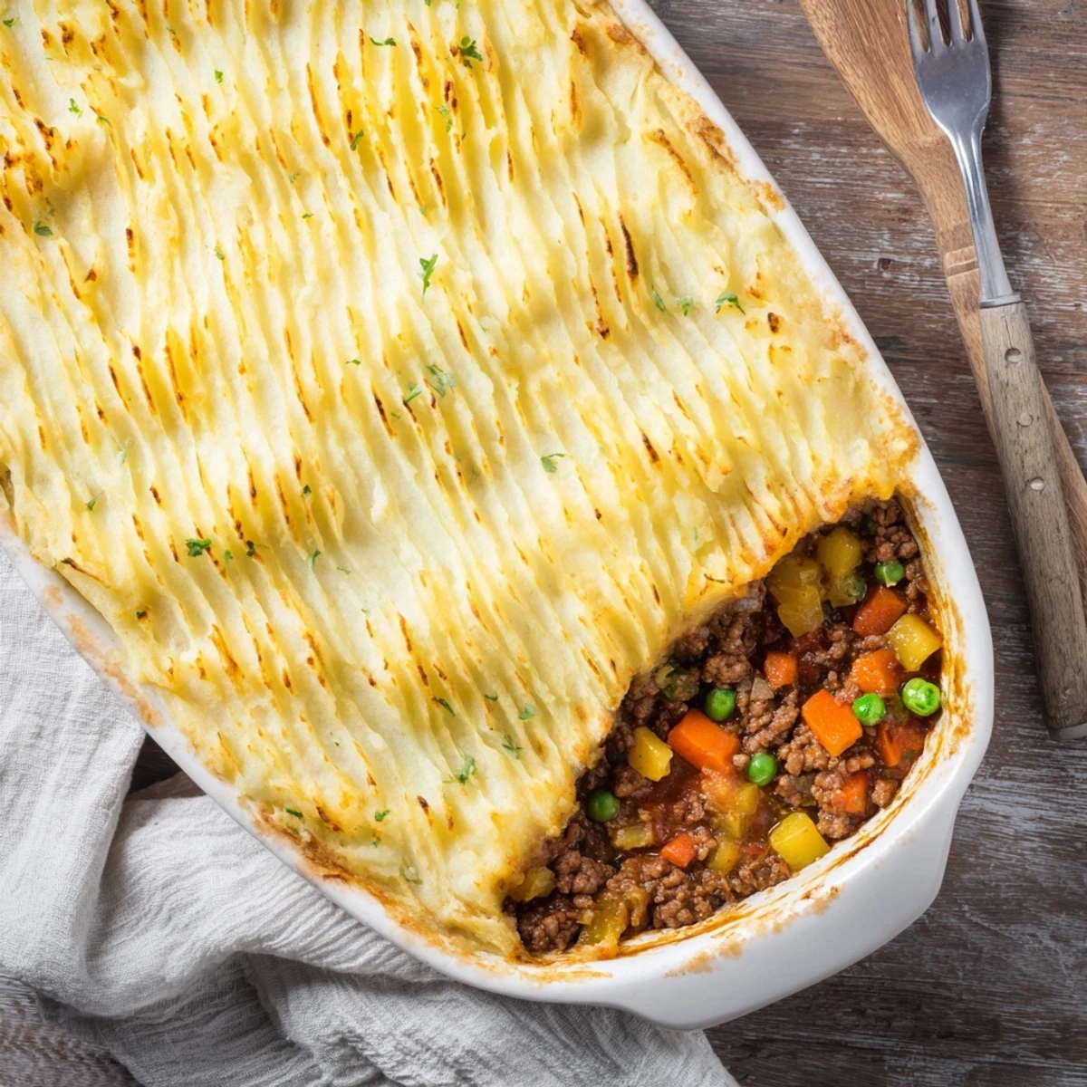 Easy Shepherd's Pie bubbling from the oven with a rustic, fork-ridged potato topping and fresh parsley.