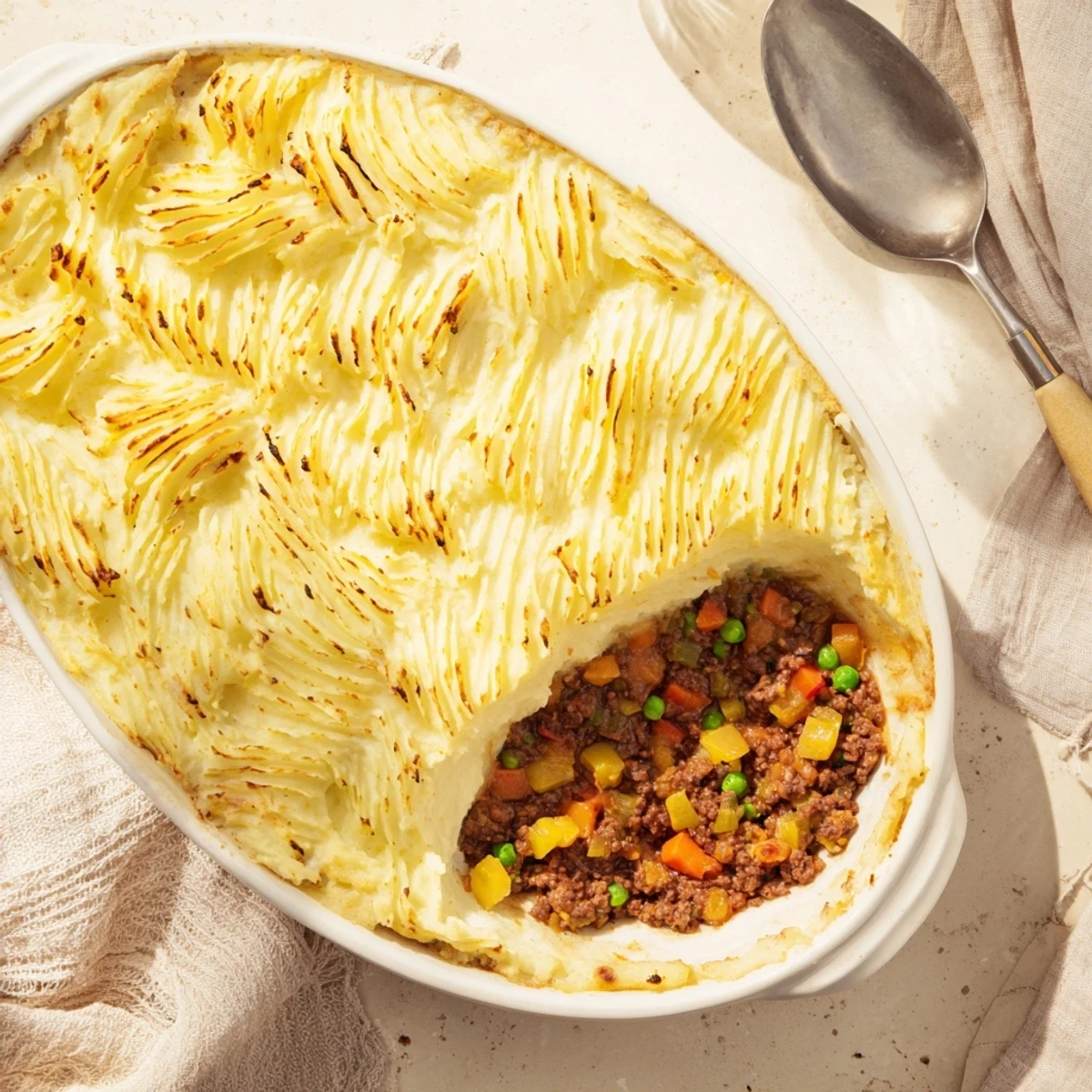 Golden brown mashed potatoes cover a savory ground beef and vegetable filling in Easy Shepherd's Pie.