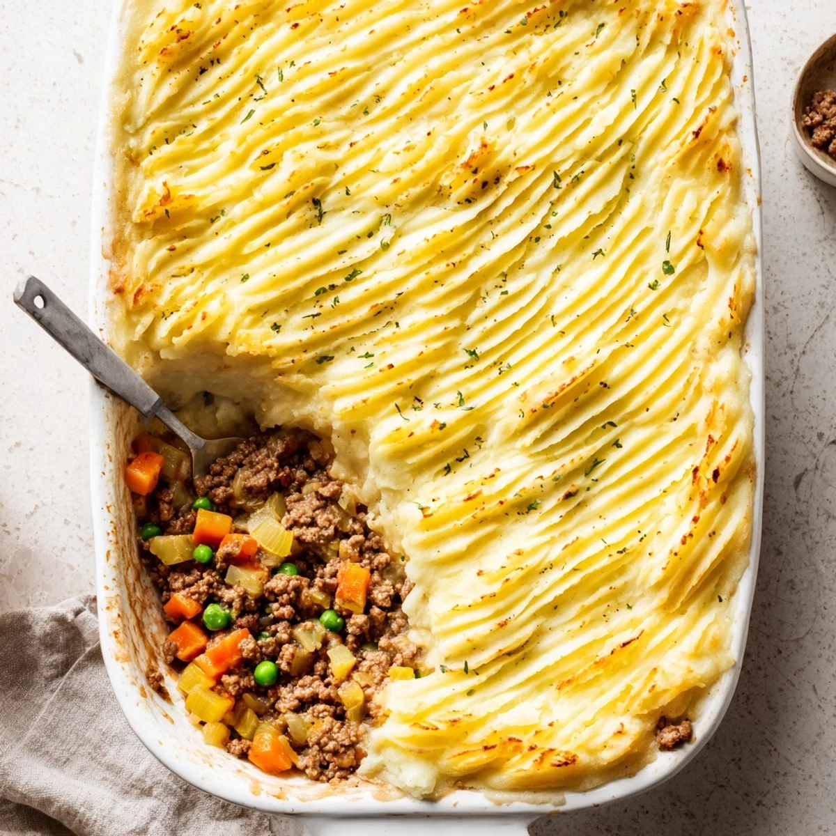 Creamy Yukon Gold potato topping over a rich beef and pea mixture in this Easy Shepherd's Pie.