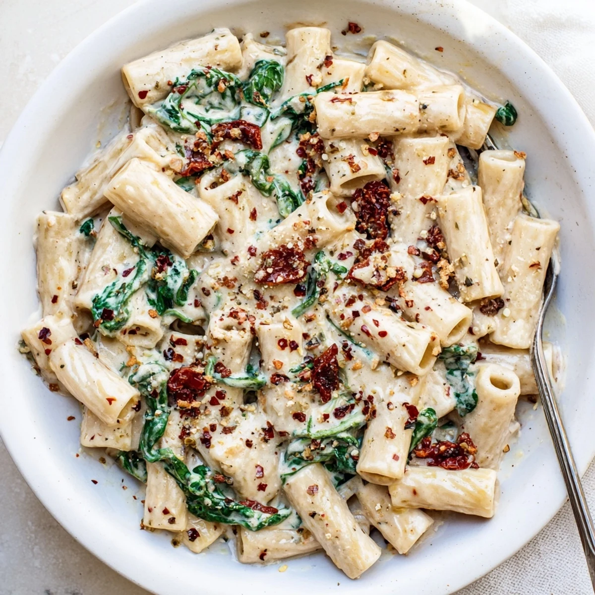Creamy Tuscan Garlic Sauce simmering in a skillet, with wilted spinach and sun-dried tomatoes in a velvety white sauce.  