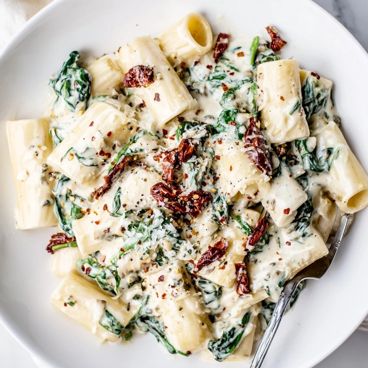 Creamy Tuscan Garlic Sauce spooned over grilled chicken breasts, topped with extra Parmesan cheese and red pepper flakes.
