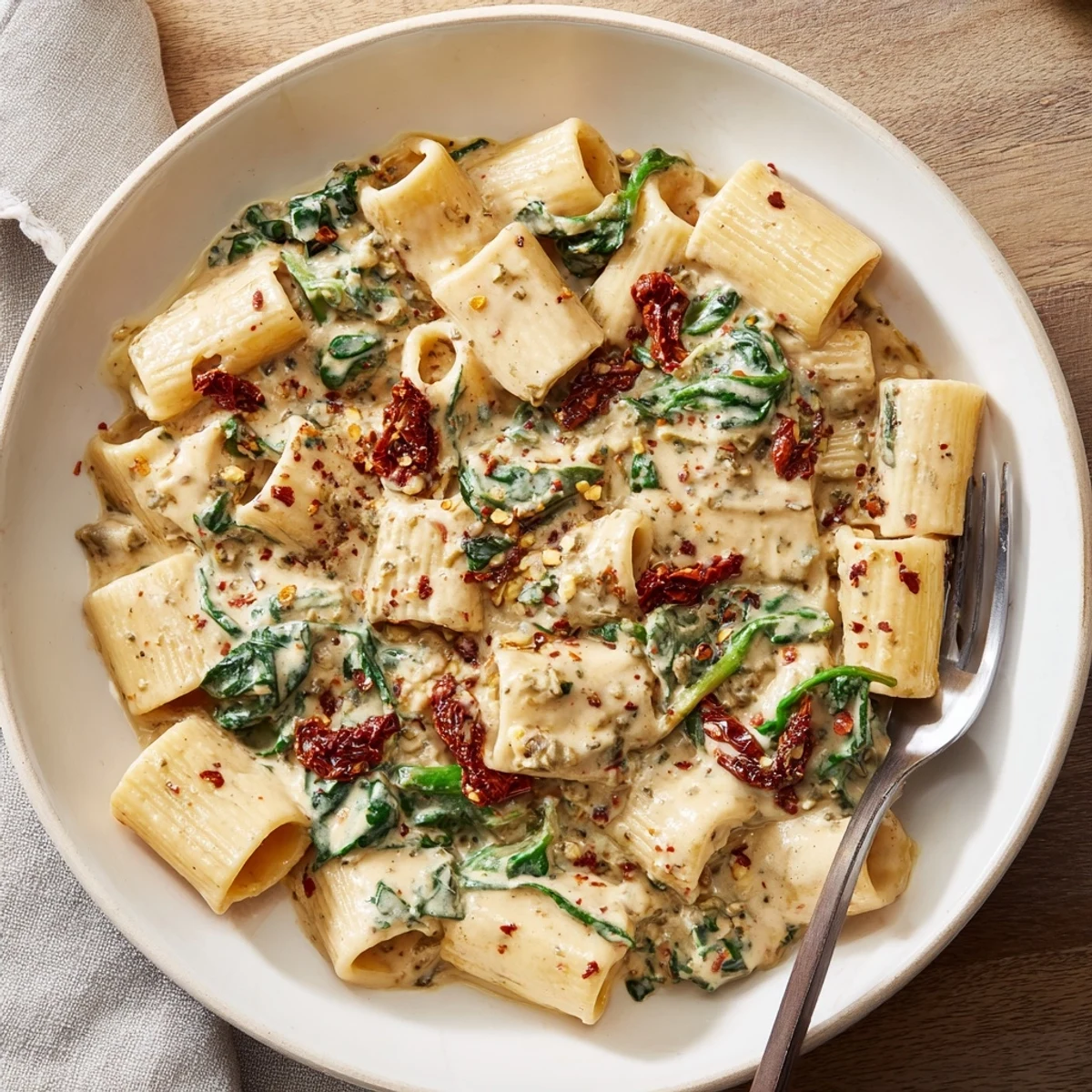 A bowl of Creamy Tuscan Garlic Sauce garnished with fresh parsley, served over fettuccine pasta for a quick dinner.  