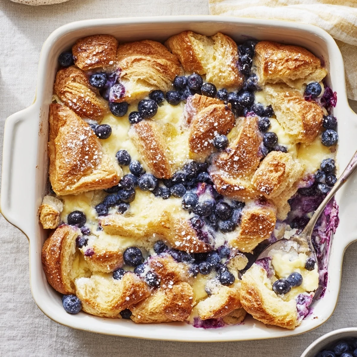 Freshly baked Blueberry Cream Cheese Croissant Casserole with a golden, buttery crust ready to serve.