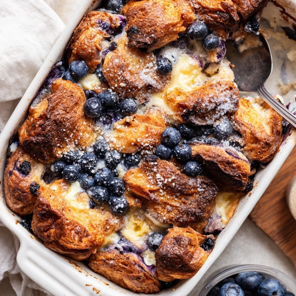 Warm slice of Blueberry Cream Cheese Croissant Casserole showing creamy filling and plump blueberries.