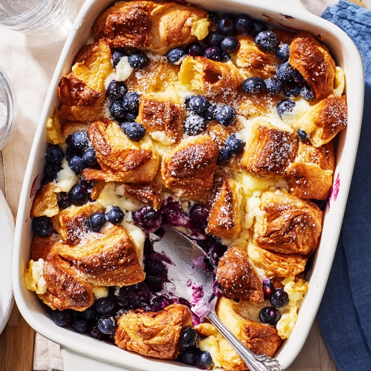 Blueberry Cream Cheese Croissant Casserole plated with a drizzle of maple syrup for brunch.