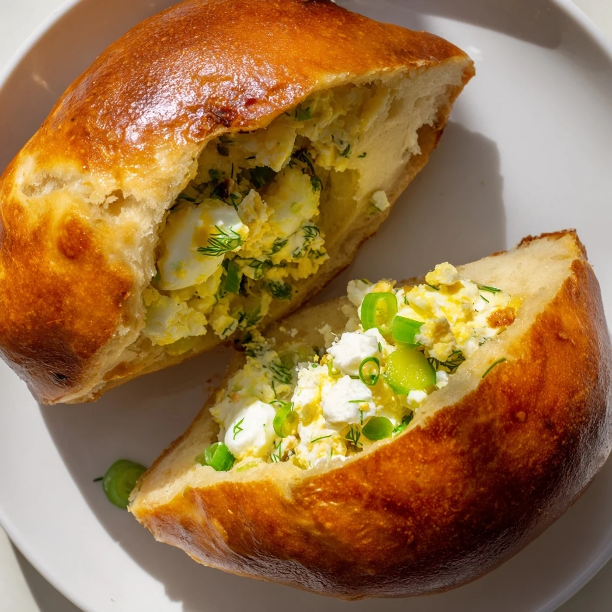Golden-brown Cheesy Egg and Cheese Piroshki fresh from the oven, served on a rustic wooden board with a small bowl of sour cream for dipping.