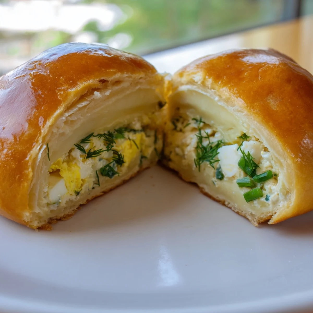 A close-up of a split Cheesy Egg and Cheese Piroshki showing chopped eggs, feta, and mozzarella, beside fresh dill and a cup of tea.