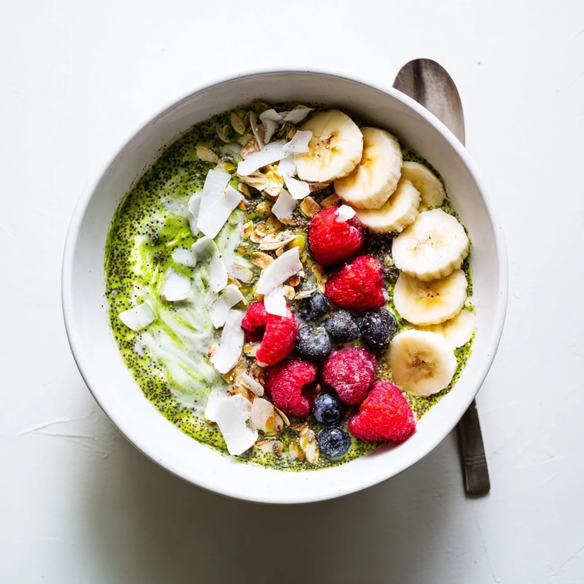 Creamy Matcha Protein Overnight Oats in a jar, topped with fresh berries and sliced banana.