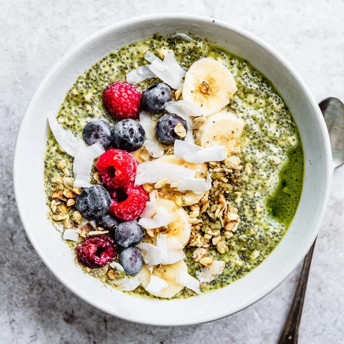 A close view of Matcha Protein Overnight Oats garnished with toasted coconut flakes and chopped nuts.