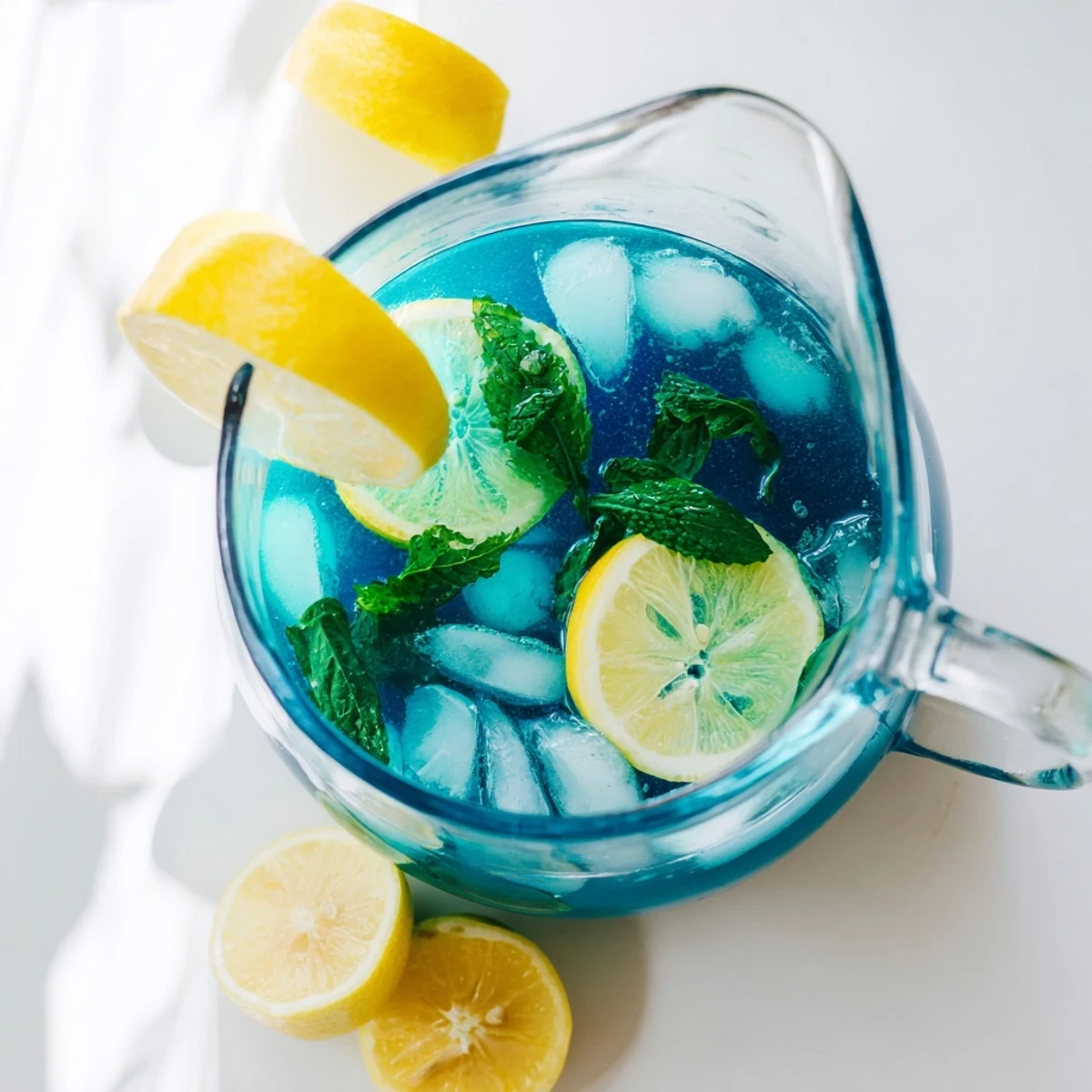 Pitcher of chilled Blue Spirulina Lemonade filled with ice cubes, ready to serve at a sunny brunch or outdoor barbecue. 