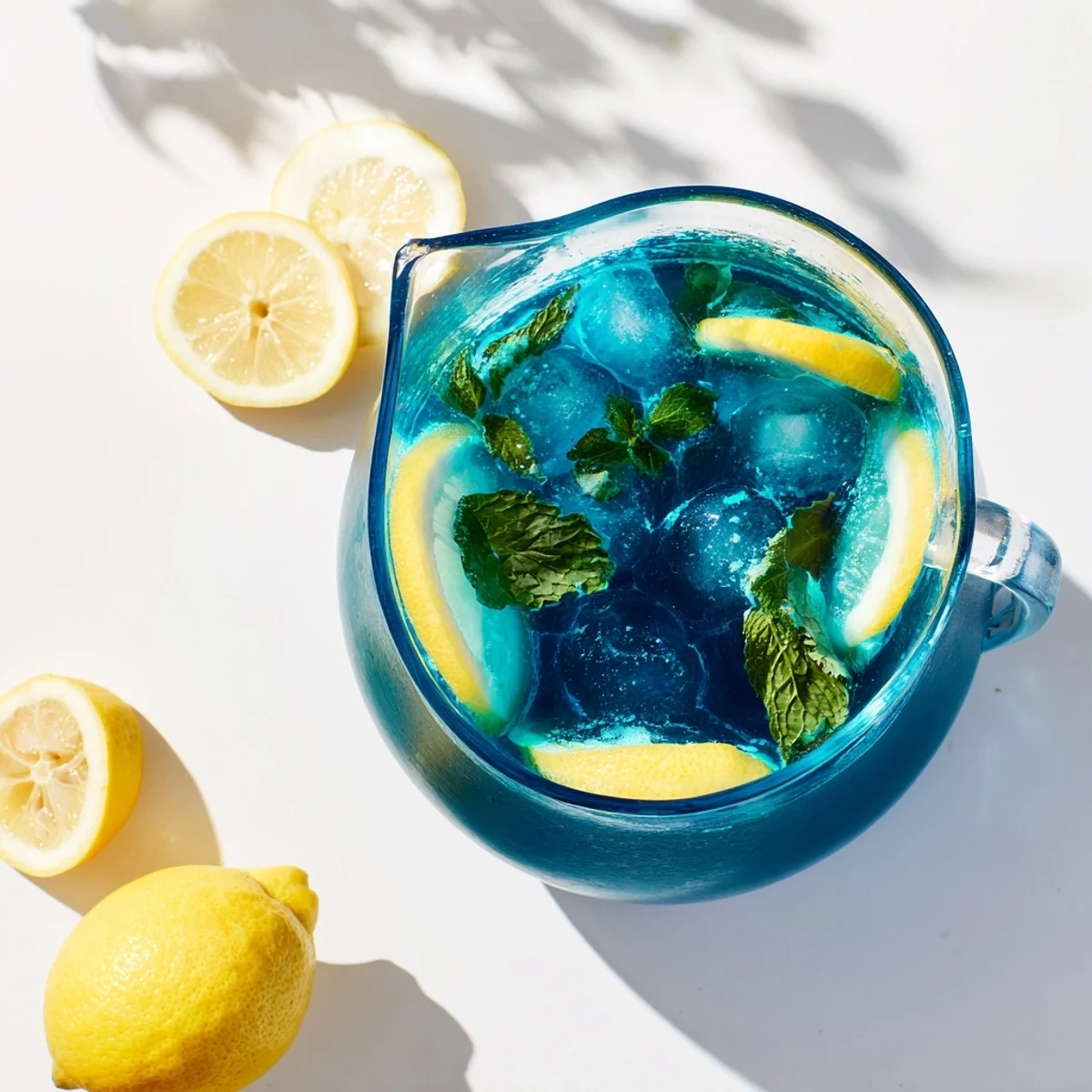 Refreshing glass of Blue Spirulina Lemonade garnished with lemon wheels and mint, offering a healthy, vegan beverage option.
