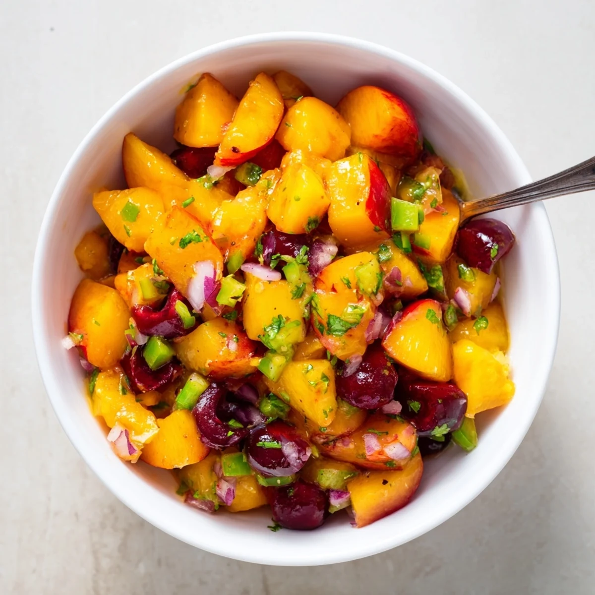 Healthy Peach Cherry Salsa in a white bowl, topped with lime wedges and mint, perfect for dipping at a summer BBQ.