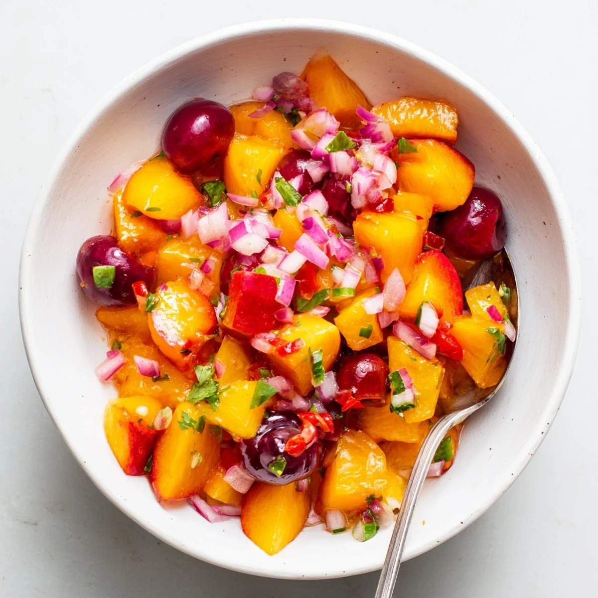 A vibrant Healthy Peach Cherry Salsa featuring juicy peaches and cherries, garnished with jalapeño and fresh herbs, ready to eat.