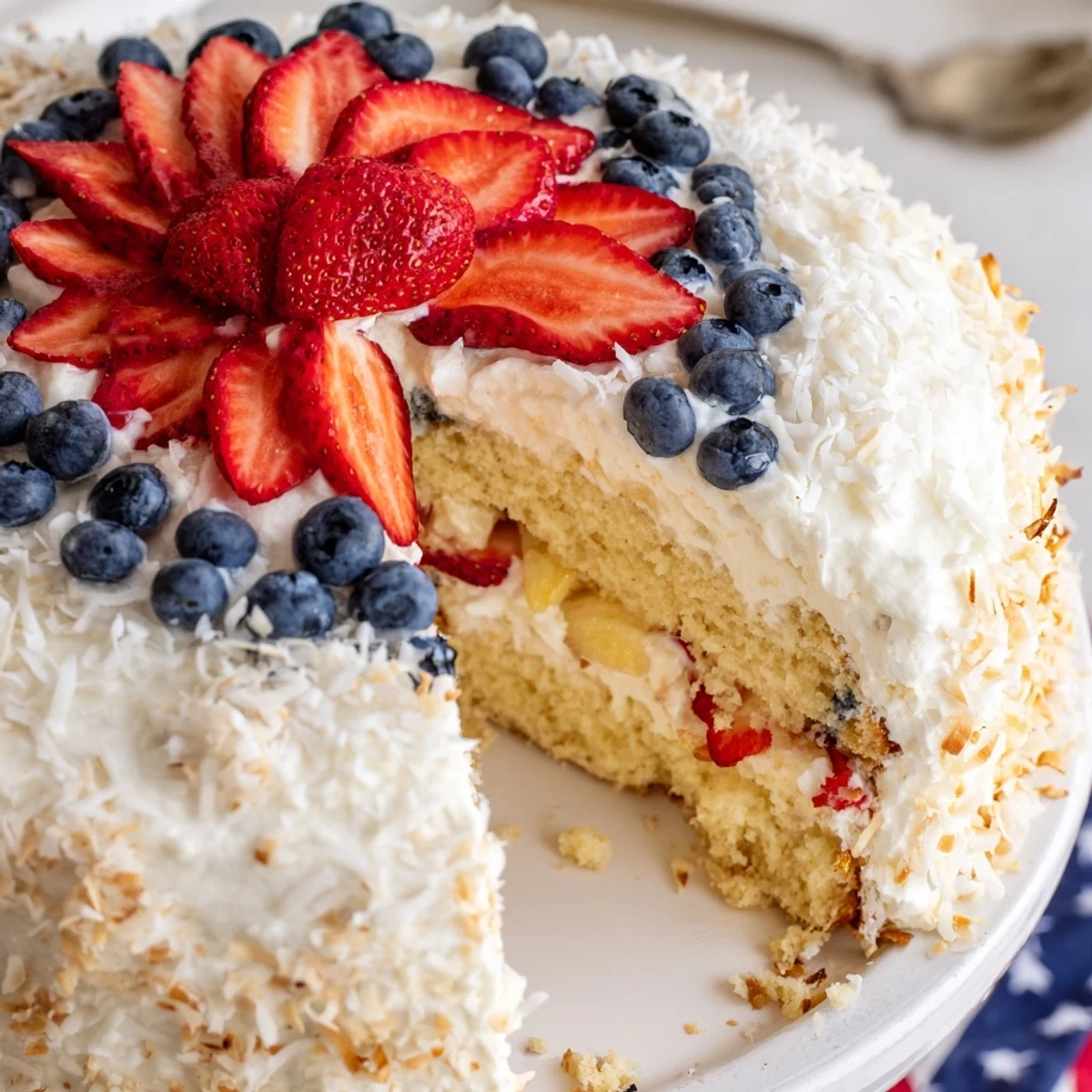 A freshly baked Pineapple Coconut God Bless America Cake showcases moist golden layers with shredded coconut inside.  