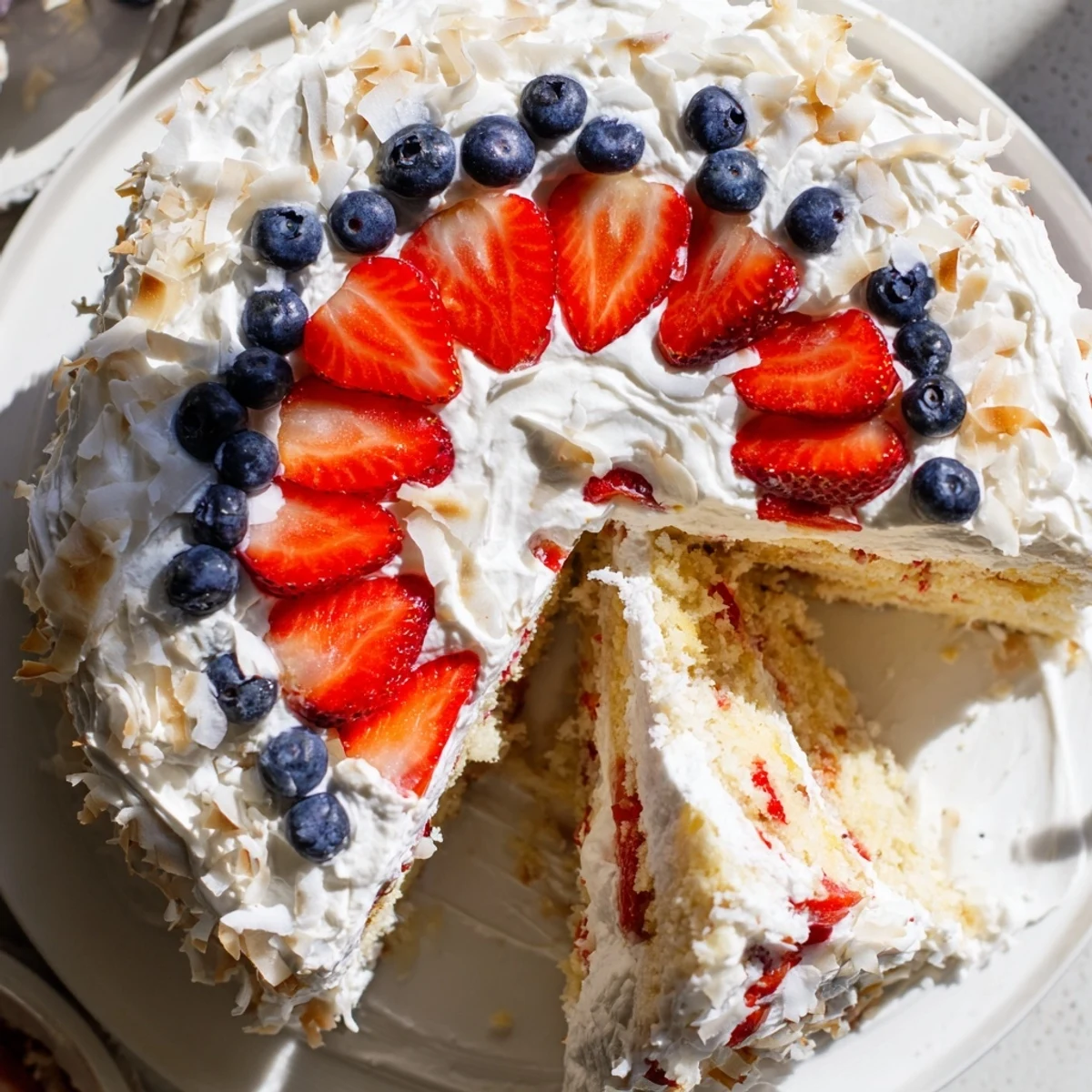 Serving slice of Pineapple Coconut God Bless America Cake with fluffy frosting and toasted coconut on a festive plate.