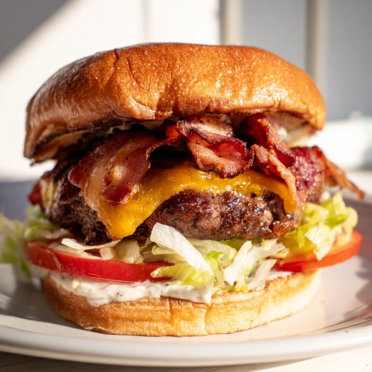 A close-up of a Crack Burgers with juicy beef patty, melted cheddar, and crispy bacon on a toasted bun, ready to eat.