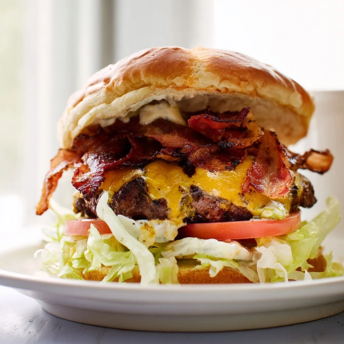 This juicy Crack Burgers is stacked with crisp lettuce, tomato, and a creamy ranch sauce, served alongside golden fries.