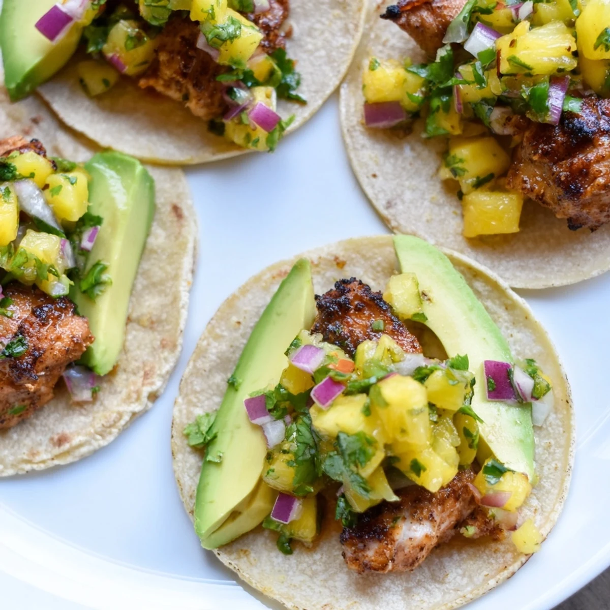 Freshly grilled Pineapple Chicken Tacos topped with creamy avocado slices and cilantro on a wooden table.