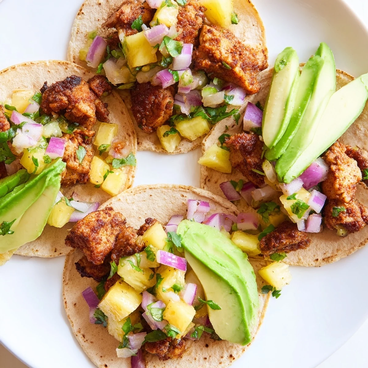 Juicy pineapple salsa adds sweet tang to the warm Pineapple Chicken Tacos served with lime wedges.