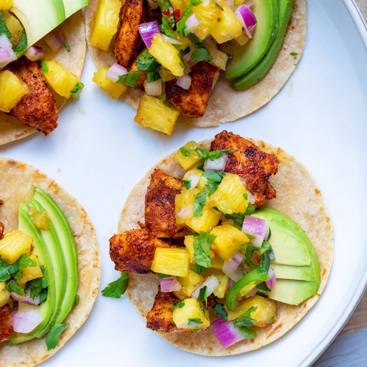 Overhead view of Pineapple Chicken Tacos with charred chicken and vibrant red onion on a rustic plate.