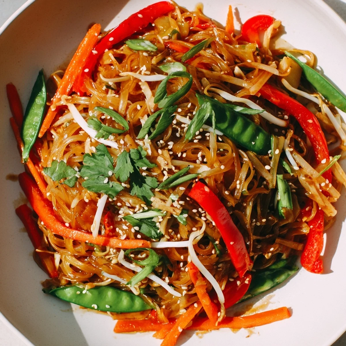 A close up view of a vegetarian Rice Noodle Stir Fry served with lime.