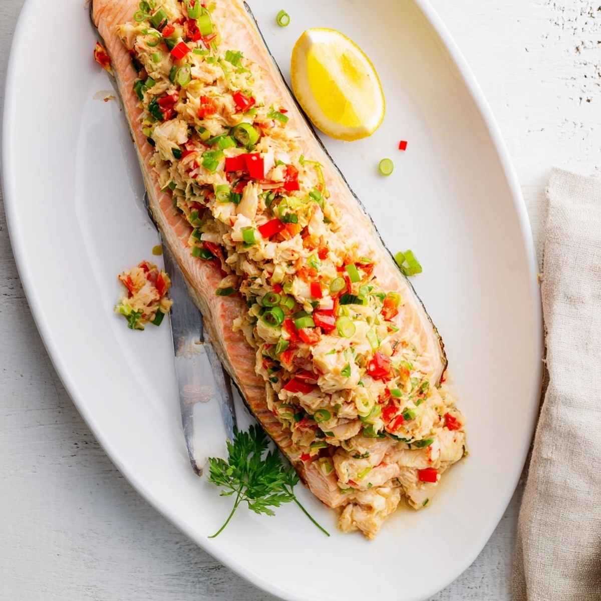 A close-up of Crab & Shrimp Stuffed Salmon, revealing the rich crab and shrimp mixture inside the tender pink salmon.