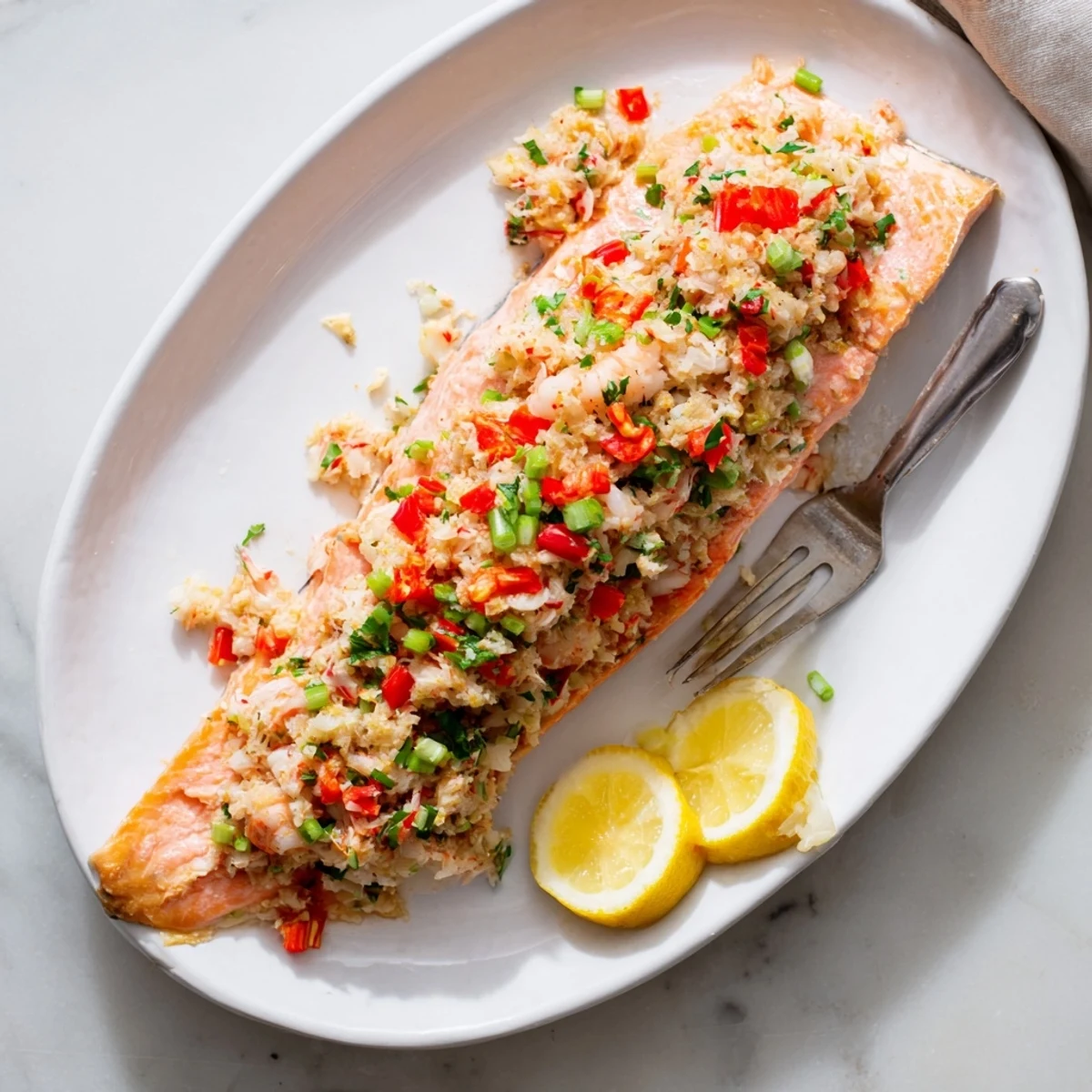 Golden-baked Crab & Shrimp Stuffed Salmon fillets with a savory seafood filling, served alongside fresh lemon wedges.