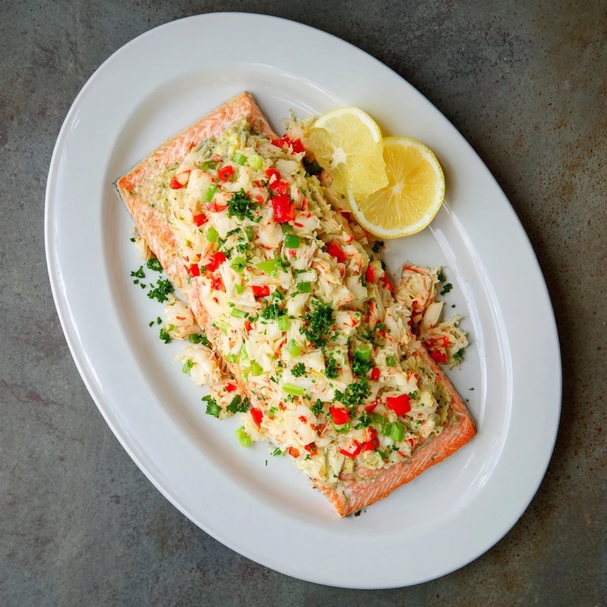 Crab & Shrimp Stuffed Salmon plated with asparagus and wild rice, perfect for an elegant pescatarian main course.
