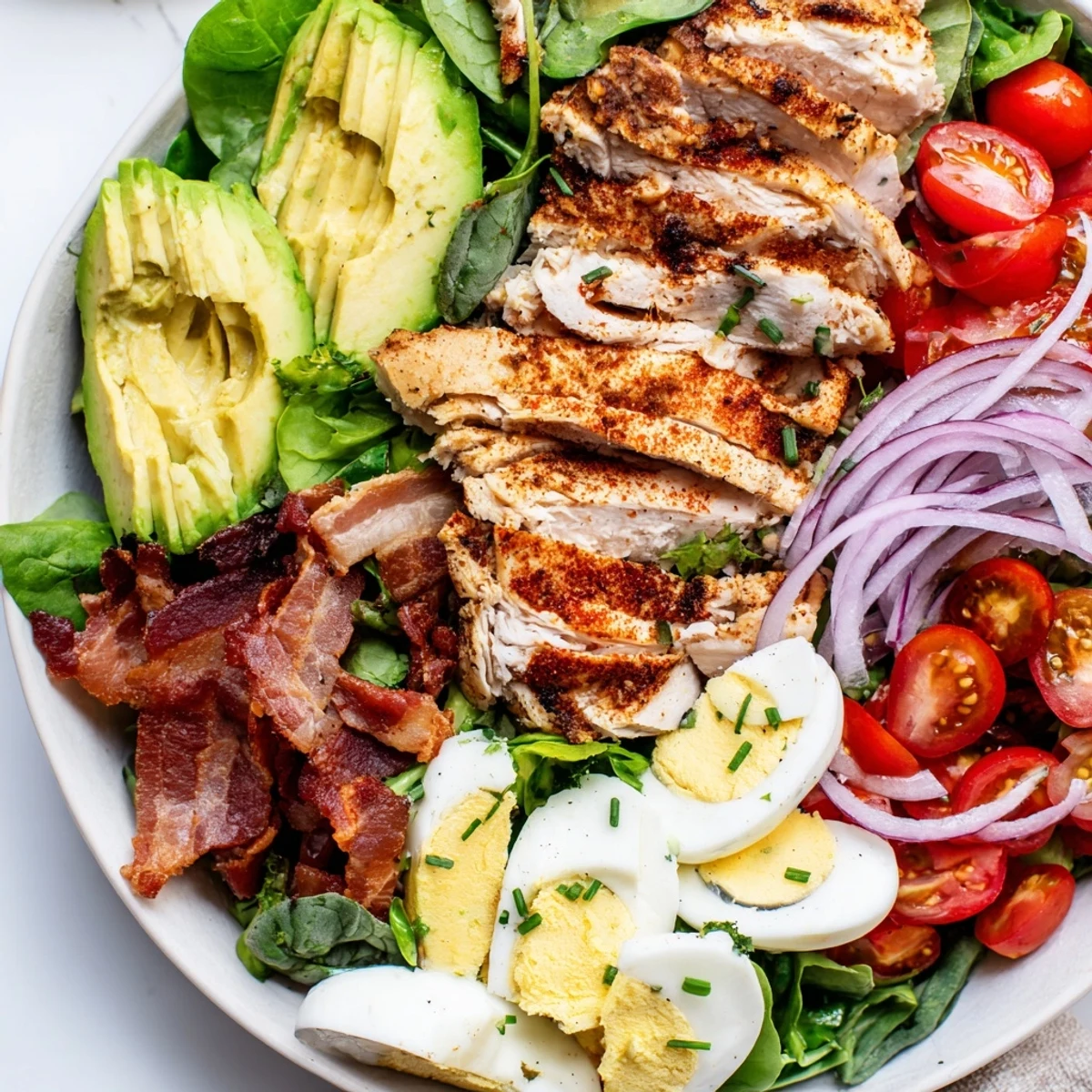 Grilled chicken slices atop mixed greens for the Paleo Grilled Chicken Cobb Salad With Honey Dijon Dressing, garnished with avocado and tomatoes.