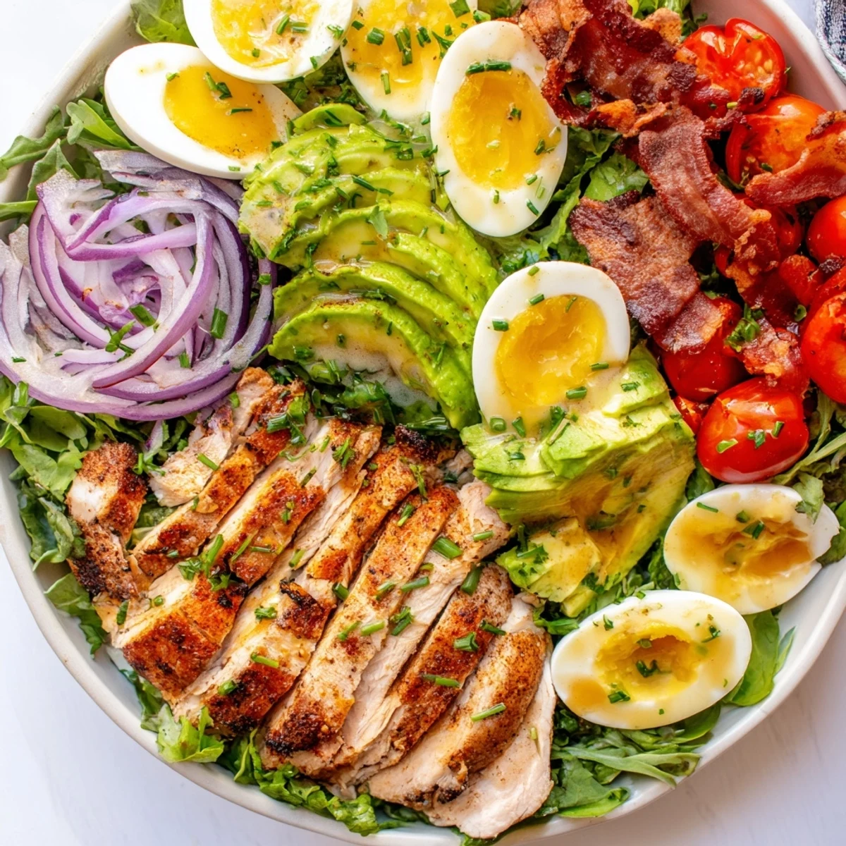 Golden crispy bacon pieces and quartered hard-boiled eggs mingle in this Paleo Grilled Chicken Cobb Salad With Honey Dijon Dressing on a platter.