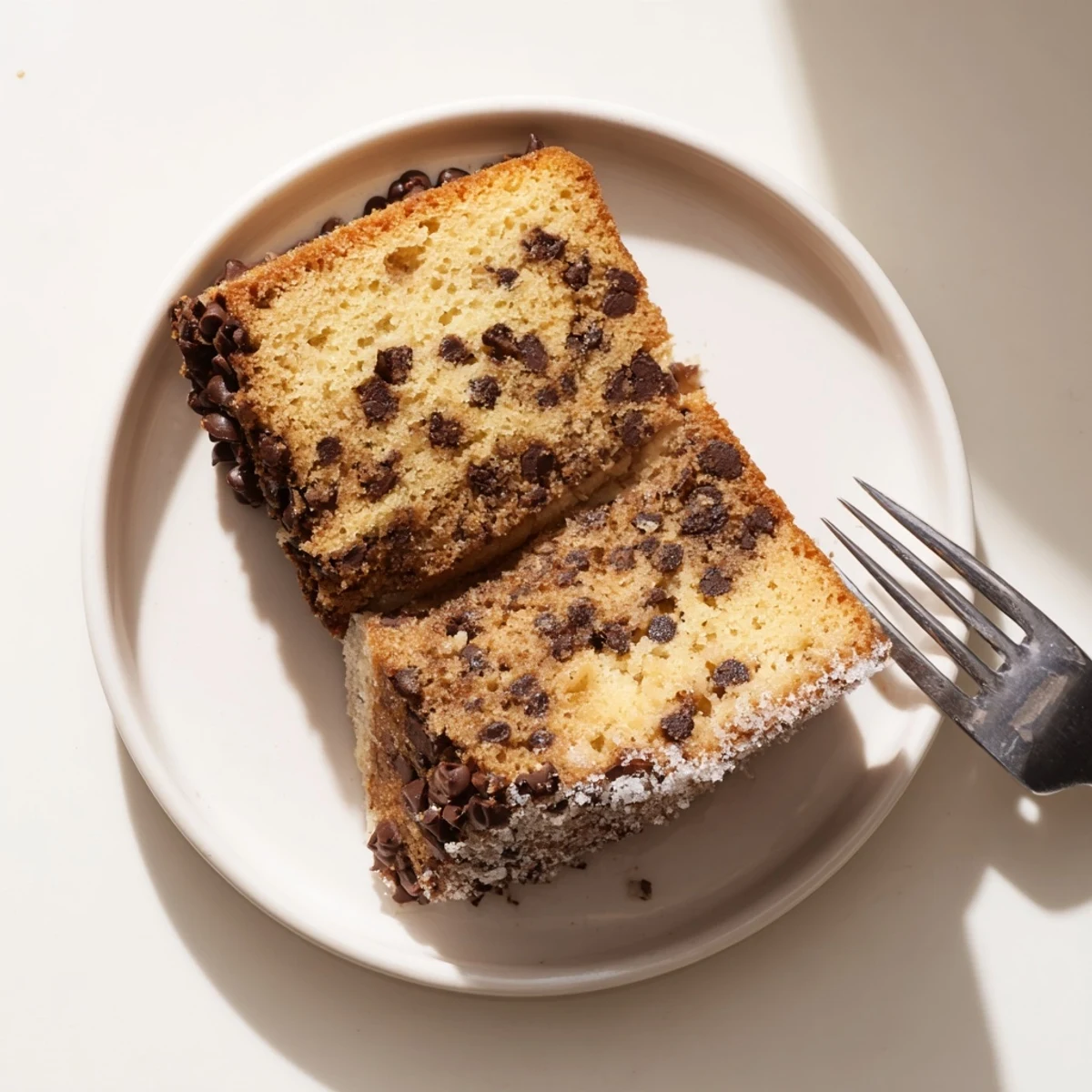 Freshly baked Chocolate Chip Cake sits in a round pan, golden brown with visible chocolate chips melting on top, ready to slice.  
