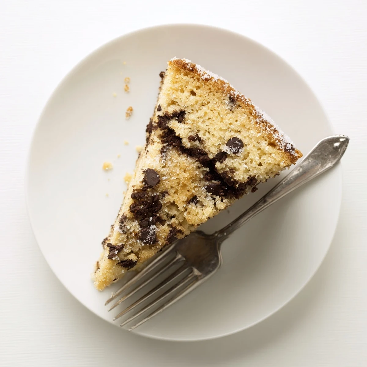 A warm slice of Chocolate Chip Cake on a white plate shows tender crumb and rich chocolate pools, paired with vanilla ice cream.  