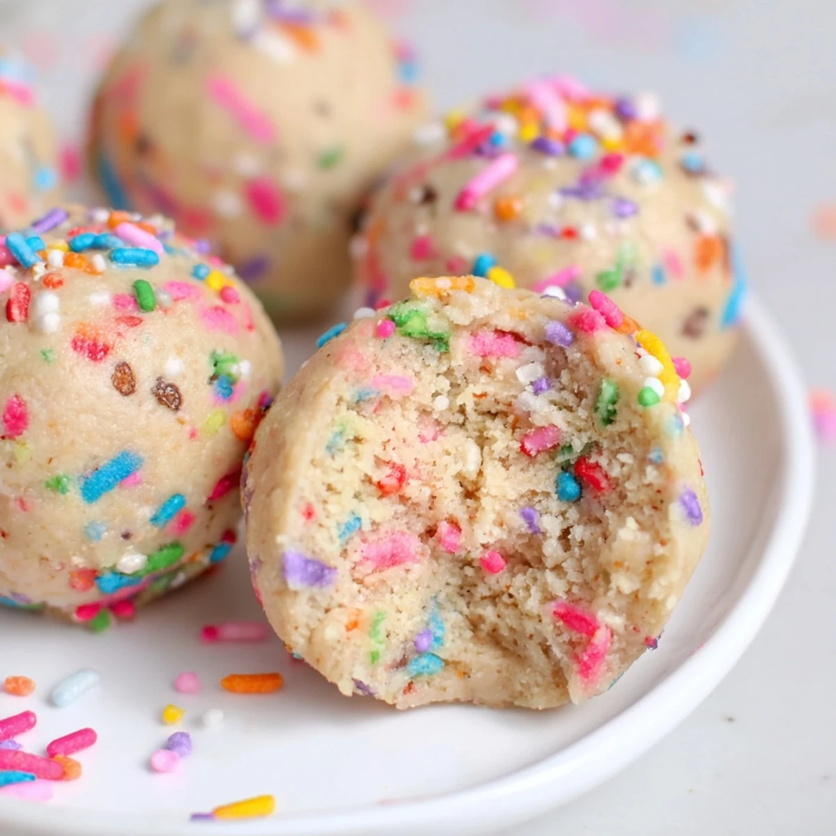 Rainbow sprinkles decorate these Birthday Cake Batter Protein Balls on a marble countertop.