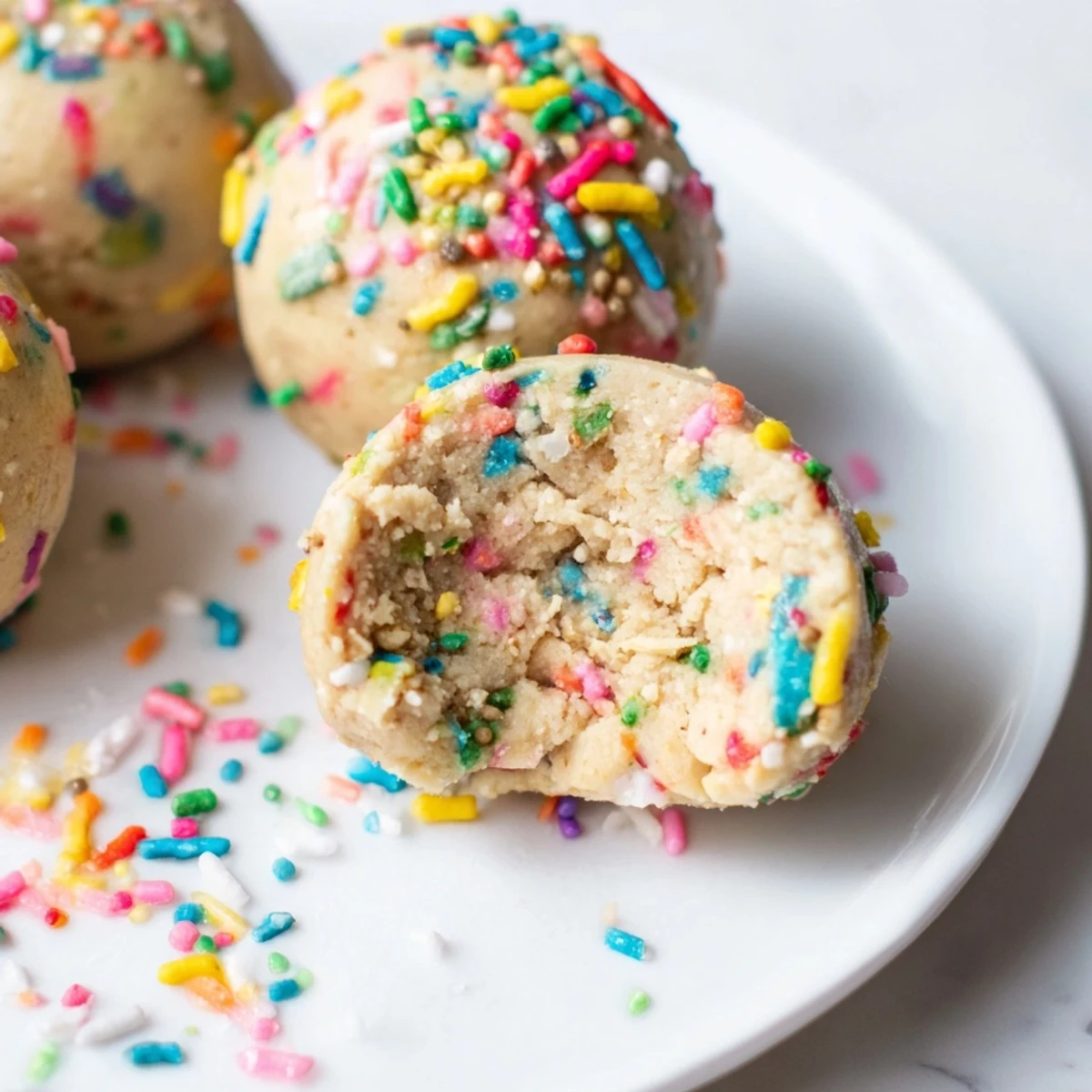 These no-bake Birthday Cake Batter Protein Balls sit chilled on a serving plate.