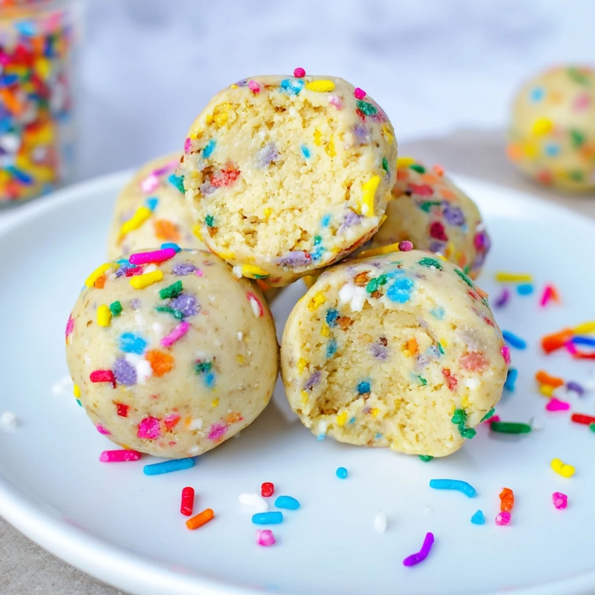 A close-up shows moist Birthday Cake Batter Protein Balls with vanilla scent and sprinkles.