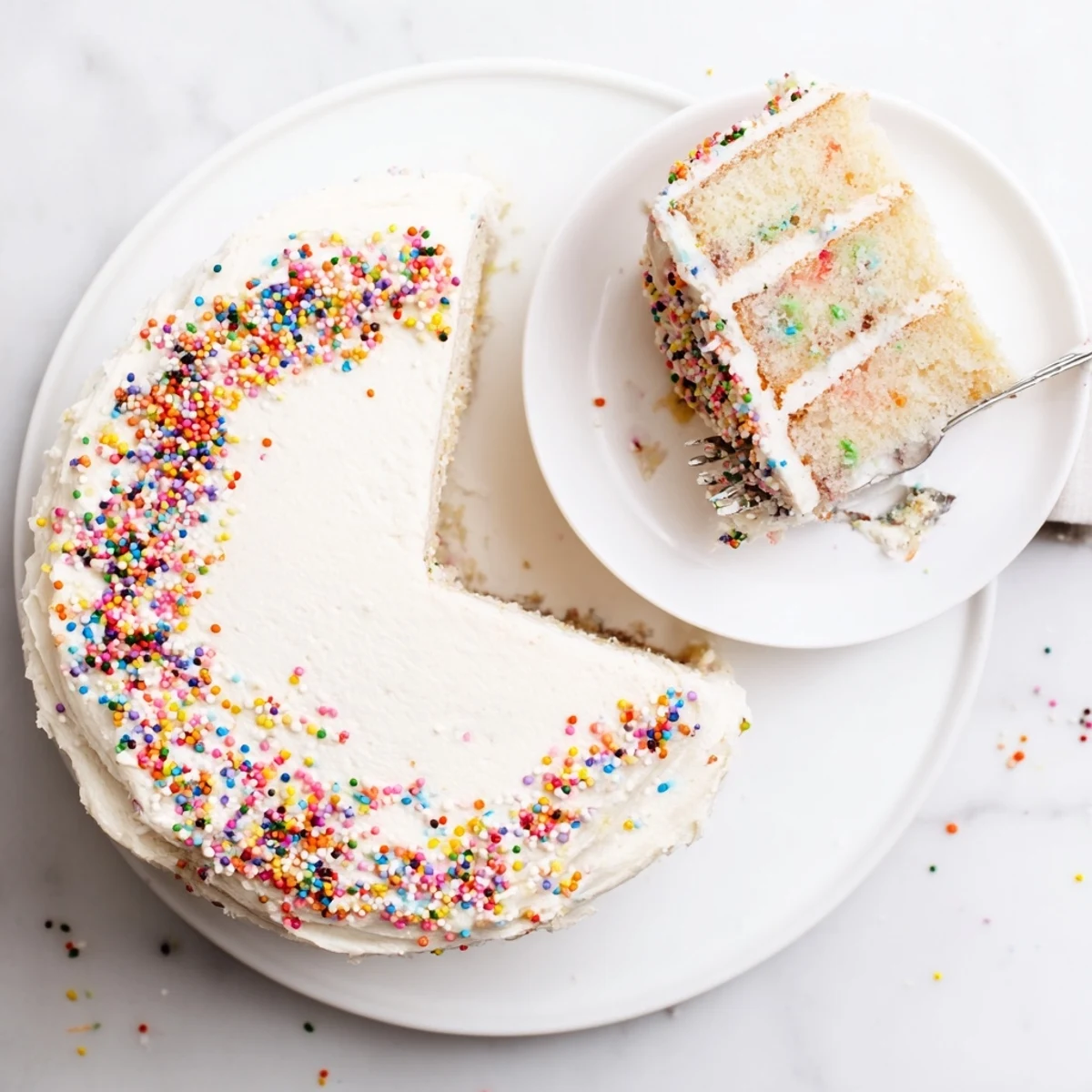 Moist, fluffy layers of Gluten-Free Funfetti Birthday Cake show colorful sprinkles in the tender crumb.