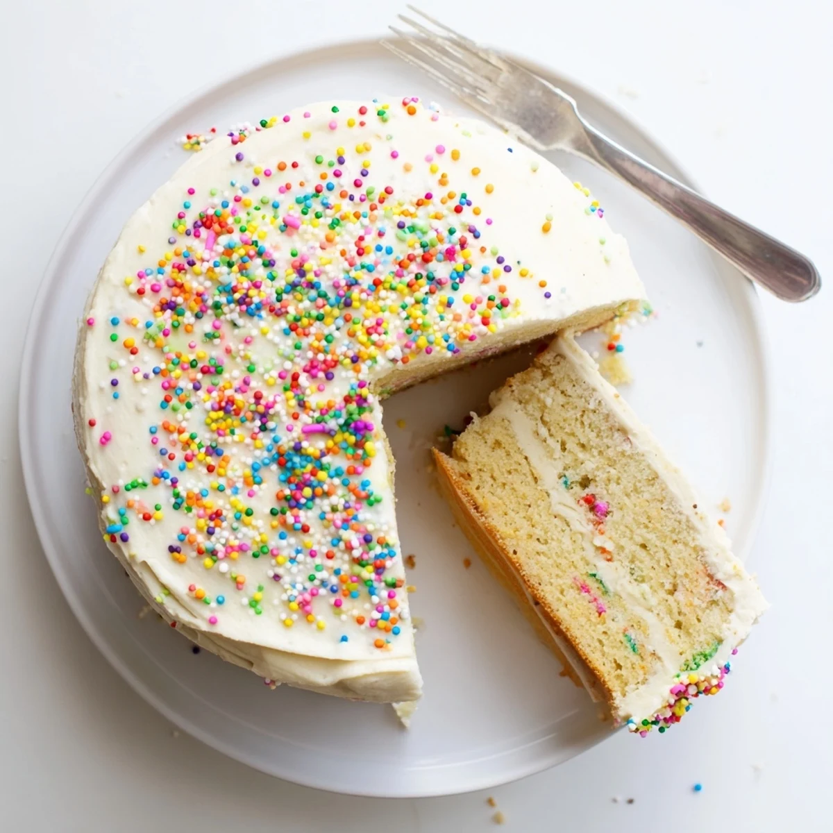 A slice of Gluten-Free Funfetti Birthday Cake rests on a plate beside a scoop of ice cream.