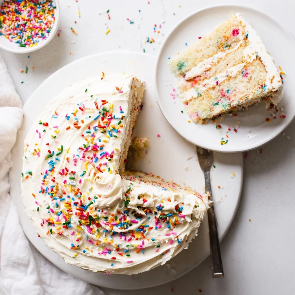 Baker's hands sprinkle extra colorful toppings over frosted Gluten-Free Funfetti Birthday Cake at a birthday party.