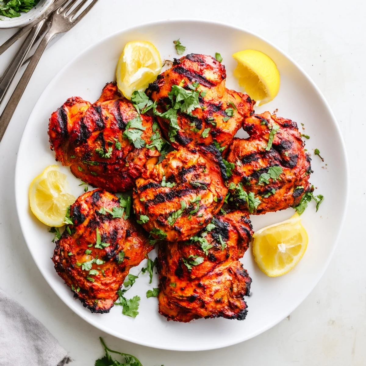 Succulent grilled tandoori chicken with charred edges served on white plate with lemon wedges