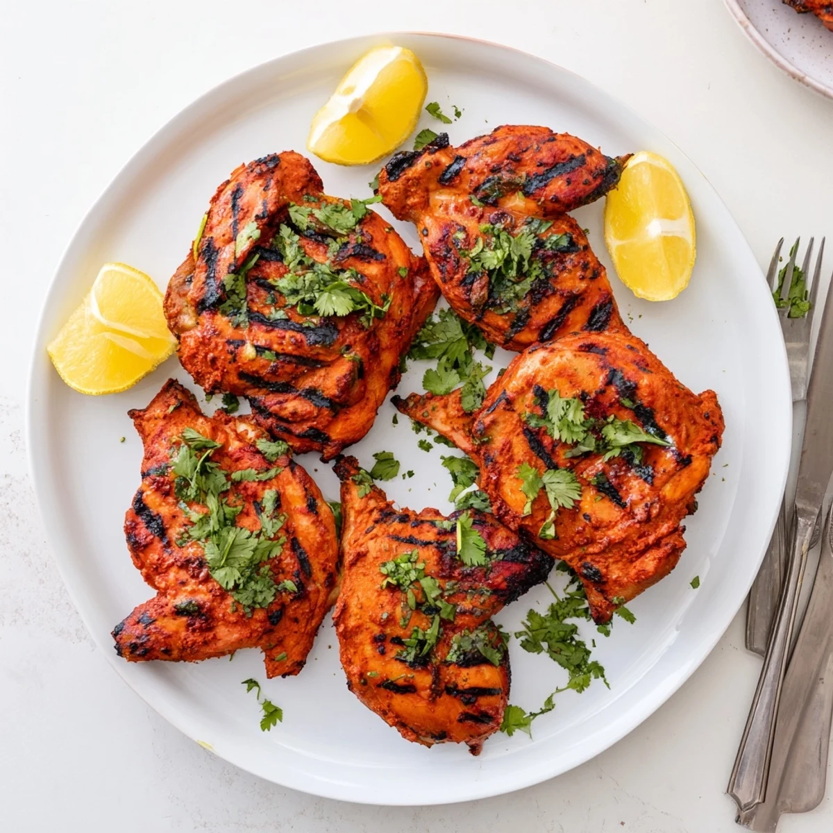 Tandoori chicken pieces displaying vibrant red spice coating and beautiful grill marks with cilantro garnish