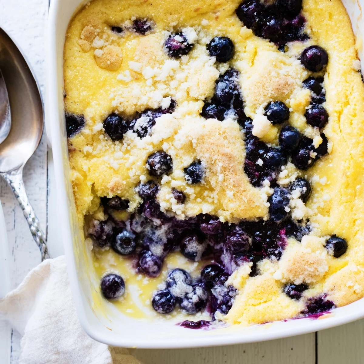 Slices of creamy lemon blueberry cheesecake dump cake topped with whipped cream and fresh berries