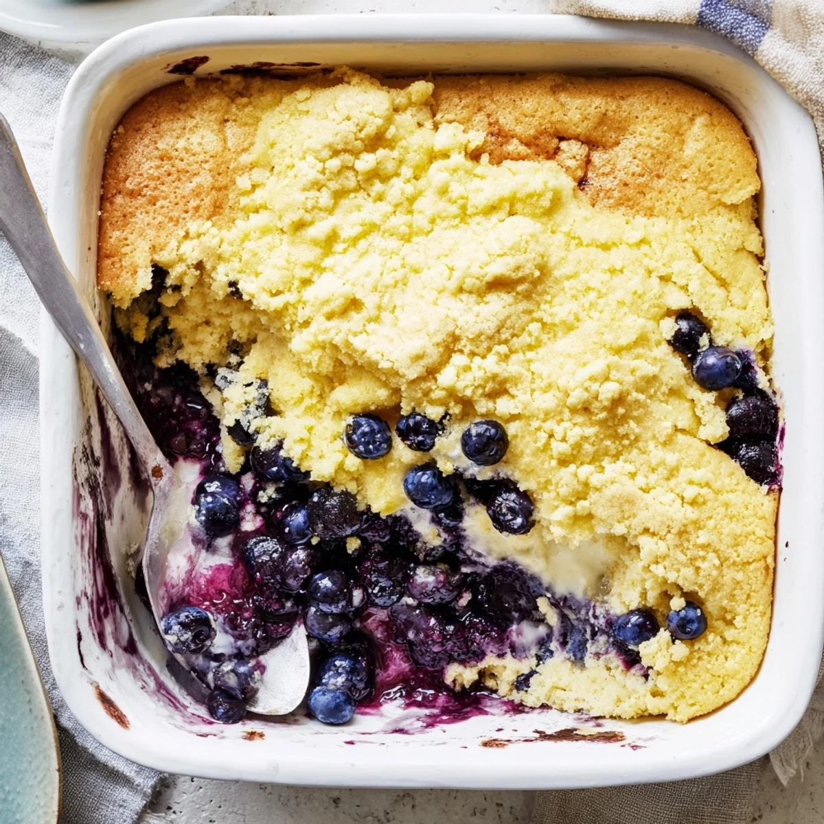 Golden baked lemon blueberry cheesecake dump cake with bubbling fruit filling and buttery crumble topping