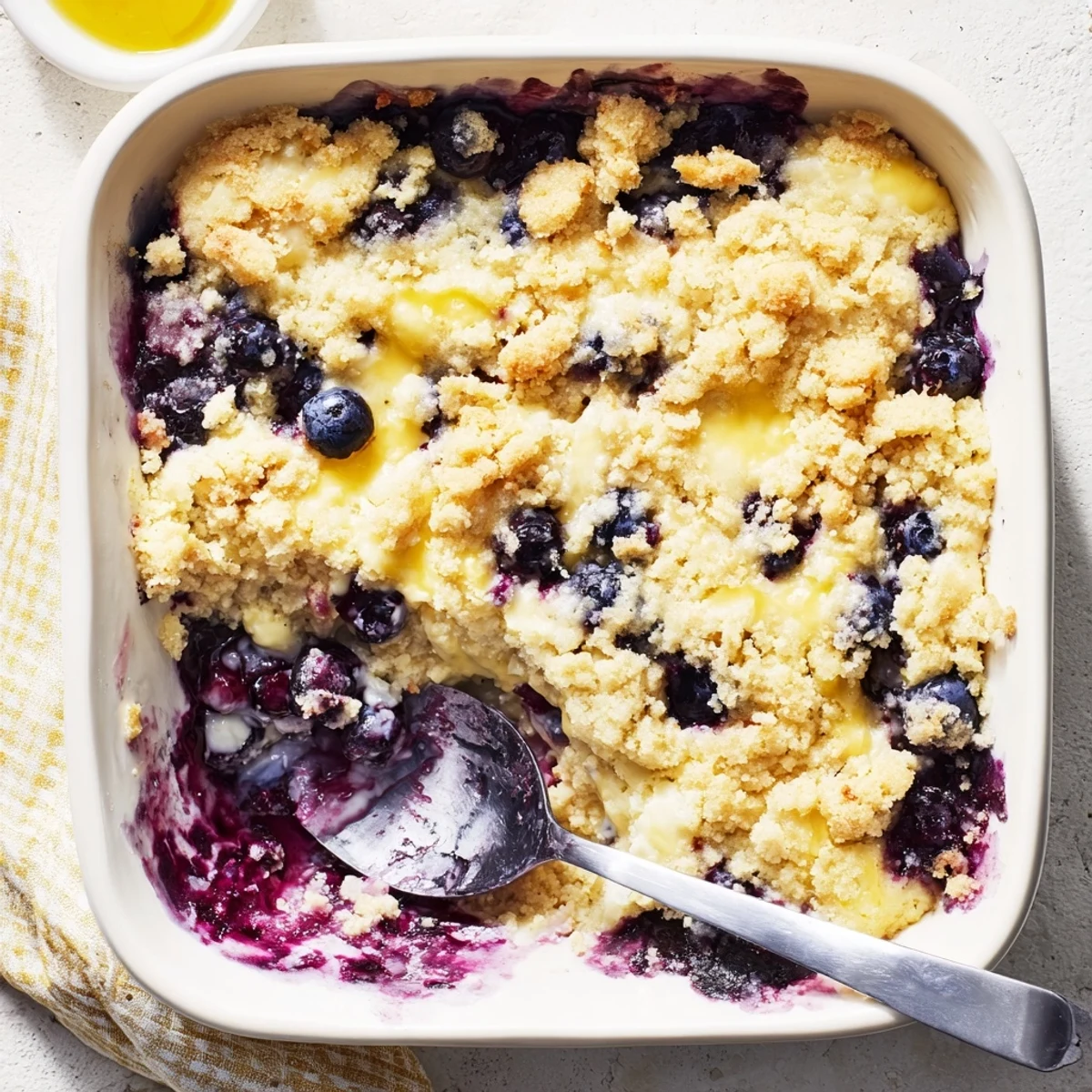 Rustic lemon blueberry cheesecake dump cake in a baking dish with juicy blueberry layers peeking through golden cake crumbs