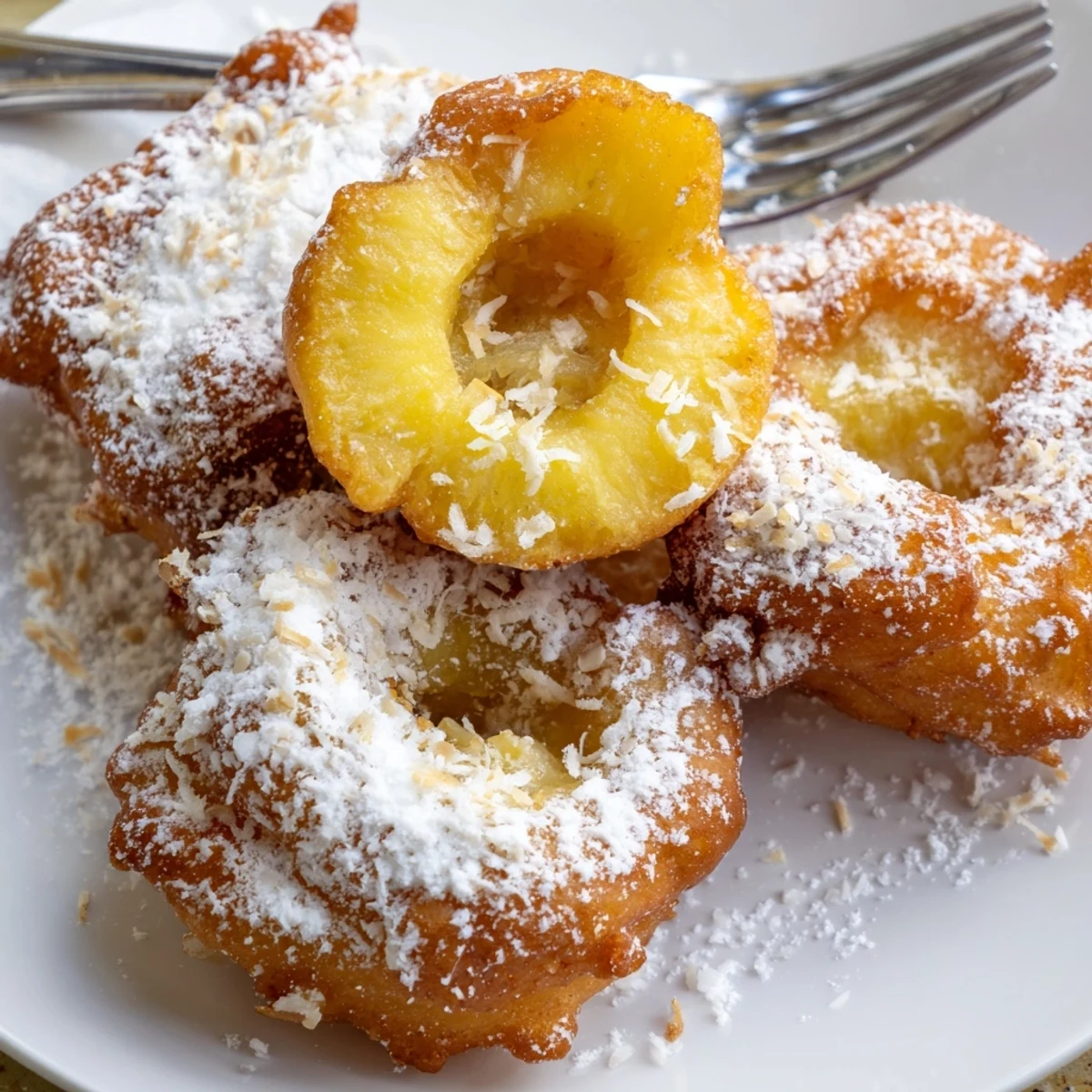 Golden pineapple fritters dusted with powdered sugar on a white serving plate.