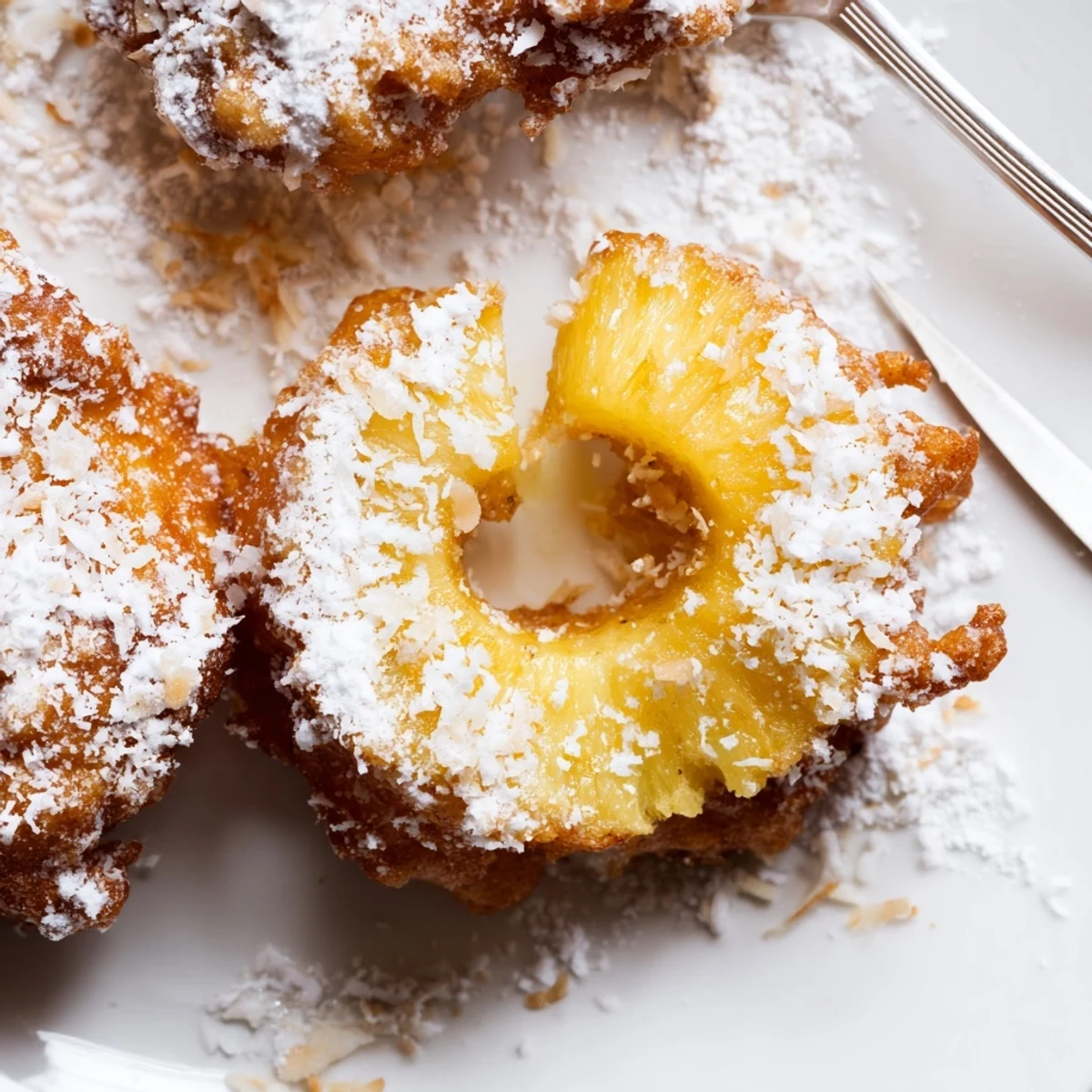 Warm tropical pineapple fritters sprinkled with powdered sugar and toasted coconut flakes.