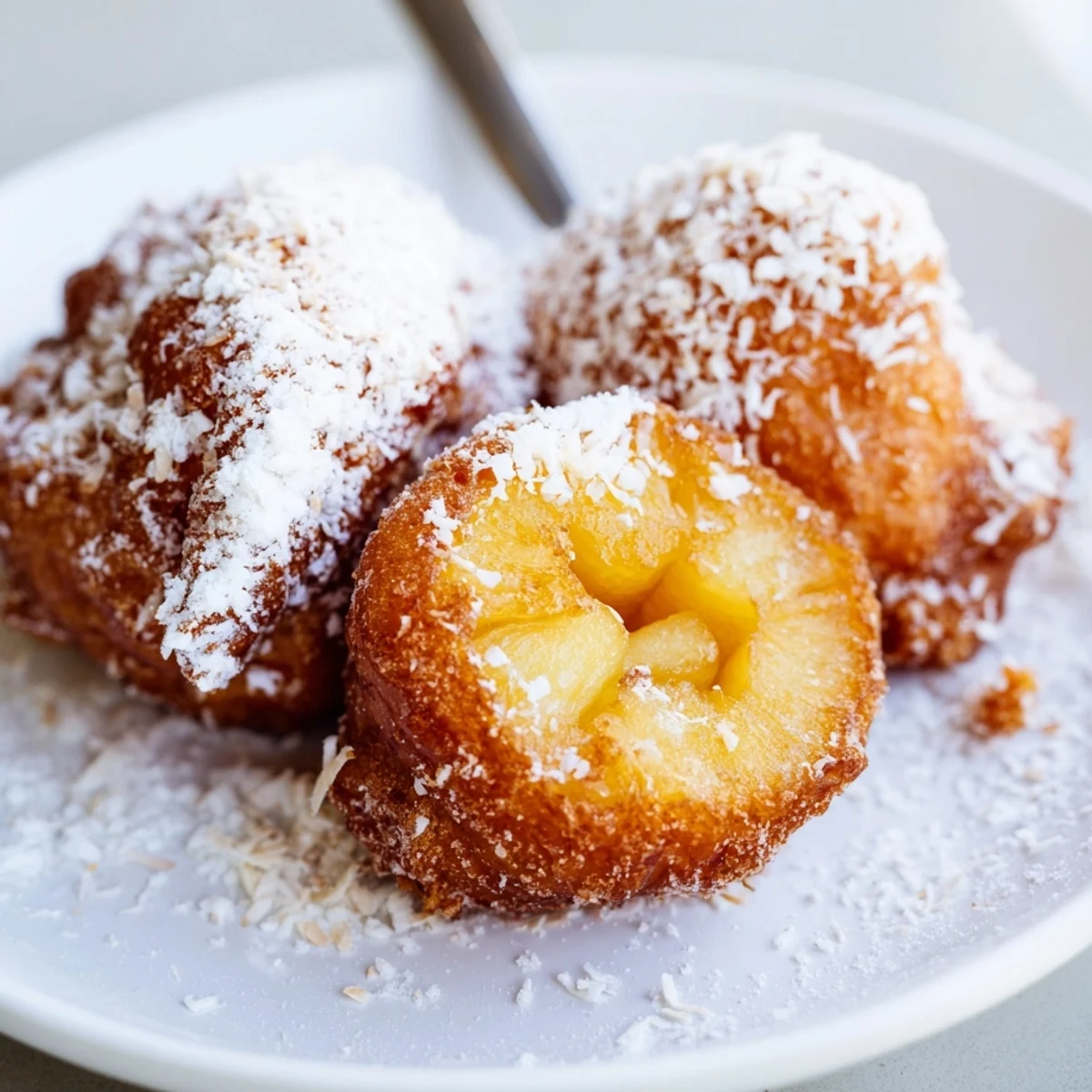 Crispy coconut battered pineapple rings fried to golden perfection and topped with sugar.