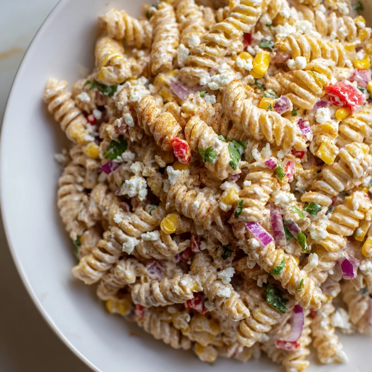 Colorful Juicy Street Corn Pasta Salad loaded with sweet corn, bell peppers, and cotija cheese in creamy lime dressing